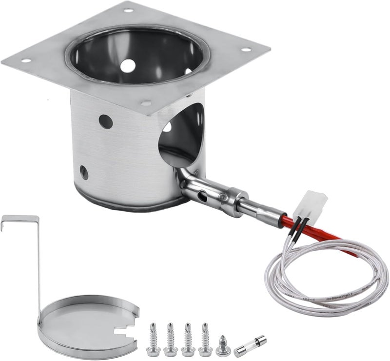 COMVIEE 304 Stainless Steel Fire Burn Pot and Hot Rod Ignitor Kit for Pit Boss, Traeger, Camp Chef Pellet Grills, Upgraded Heavy Duty Burner Pot Replacement Parts with Ash Remover, Screws and Fuse - Image 1